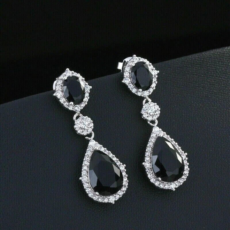 4.00 Ct Pear Cut Black Moissanite Drop/Dangle Earrings 14k White Gold Plated
