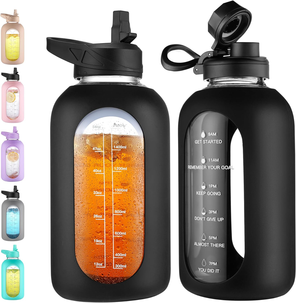 64oz Half Gallon Glass Water Bottle with Straw & Handle for Sports & Fitness Motivation  