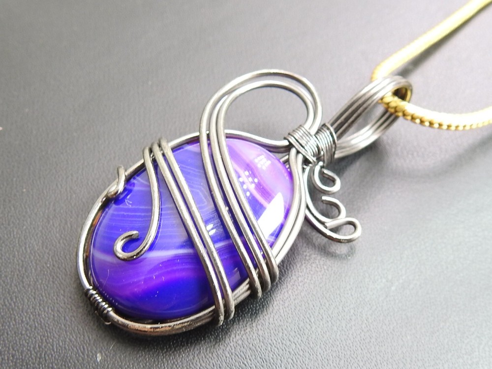 Purple Strip Agate Brass Pendant Silver Oxidised Polished Wire Wrapped Jewelry