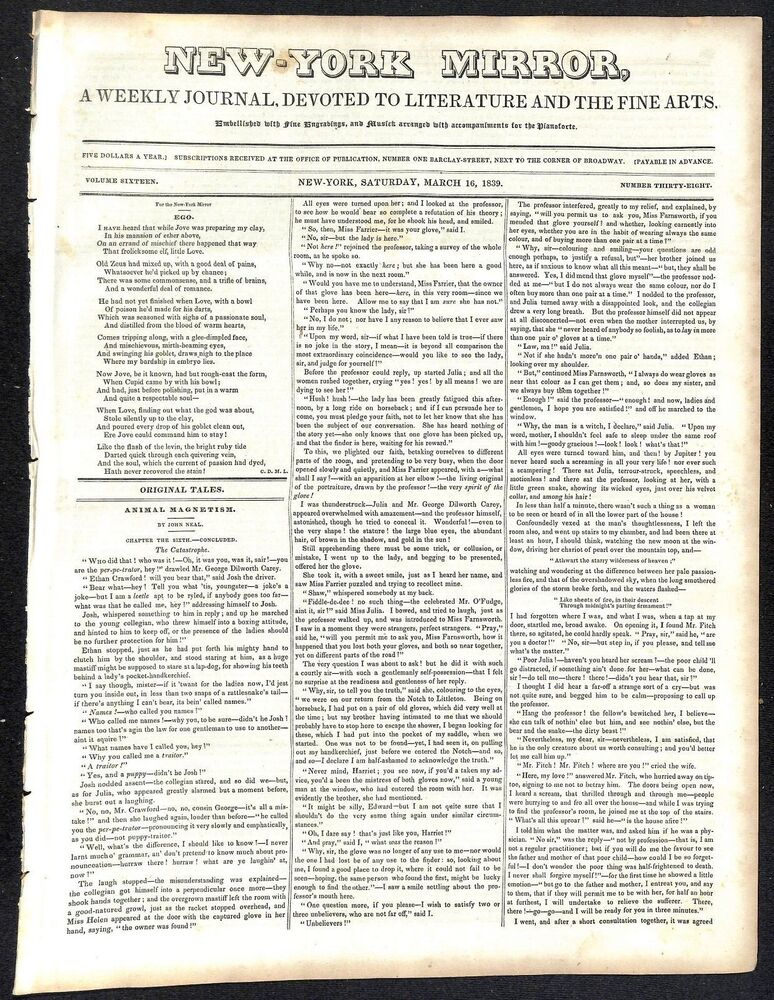 New-York Mirror Weekly Journal Literature Fine Arts Newspaper 3/16/1839
