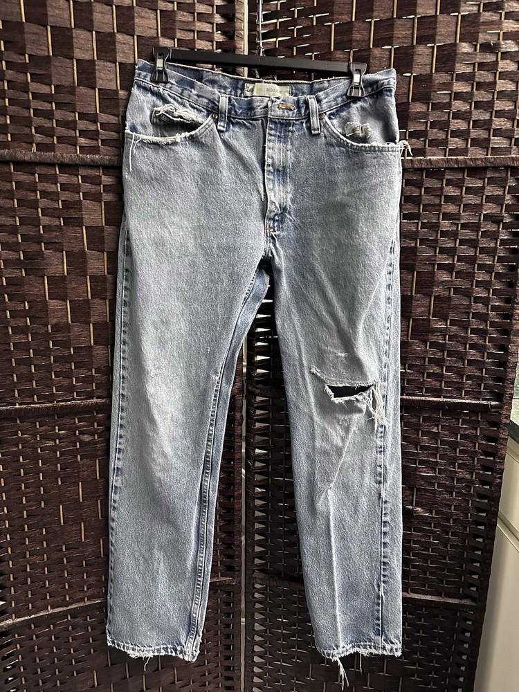 Lee Men's 36x24 Straight Leg Blue Distressed Denim Jeans