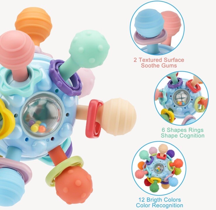 Baby Montessori Sensory Toys for 0-6 6-12 Months, Food Grade Teething Toy