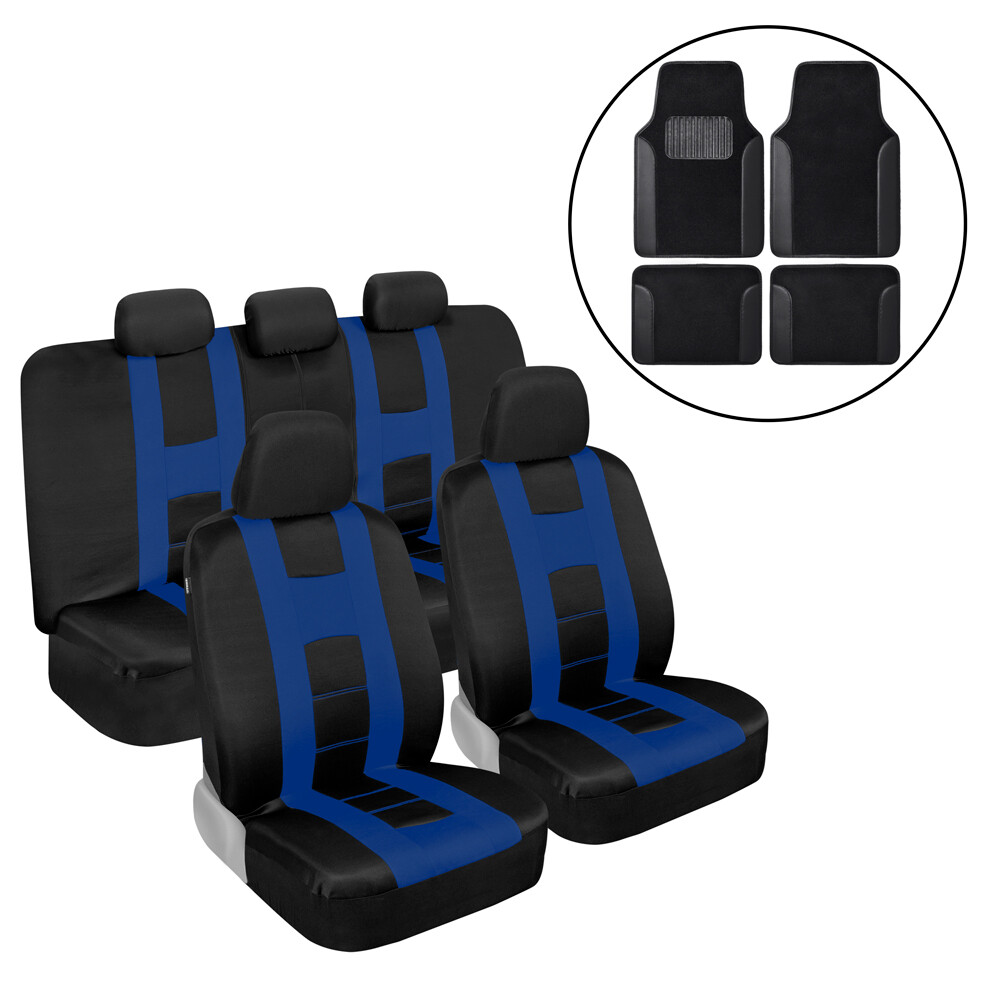 Blue Poly Car Seat Covers Full Set with Black Carpet Floor Mats for Cars