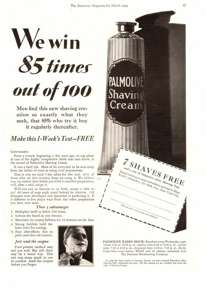 1929 Palmolive Shaving Cream Multiplies Lather 250 times 7 Shaves Free Print Ad