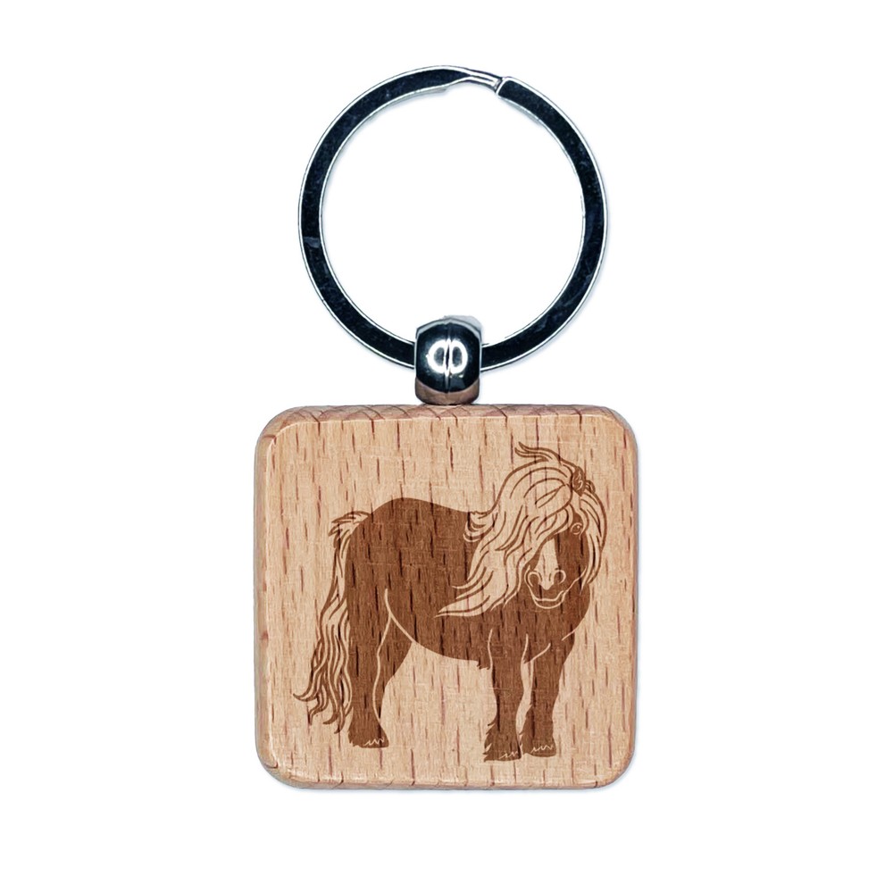 Shetland Pony with Wind Blown Hair Engraved Wood Square Keychain Tag Charm