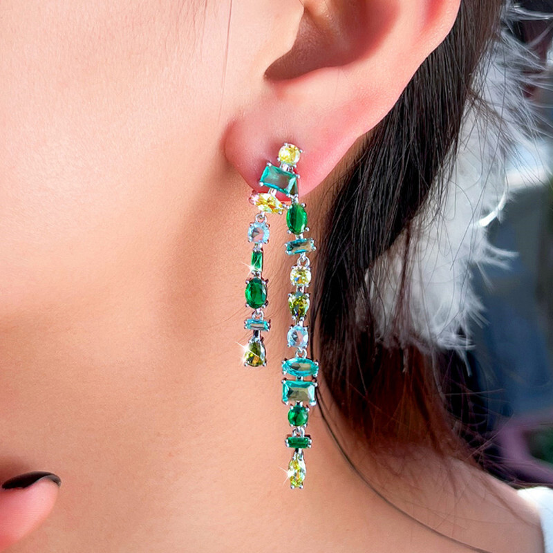 Cubic Zirconia Double Lines Dangle Long Tassel Earrings Silver Plated Women Gift