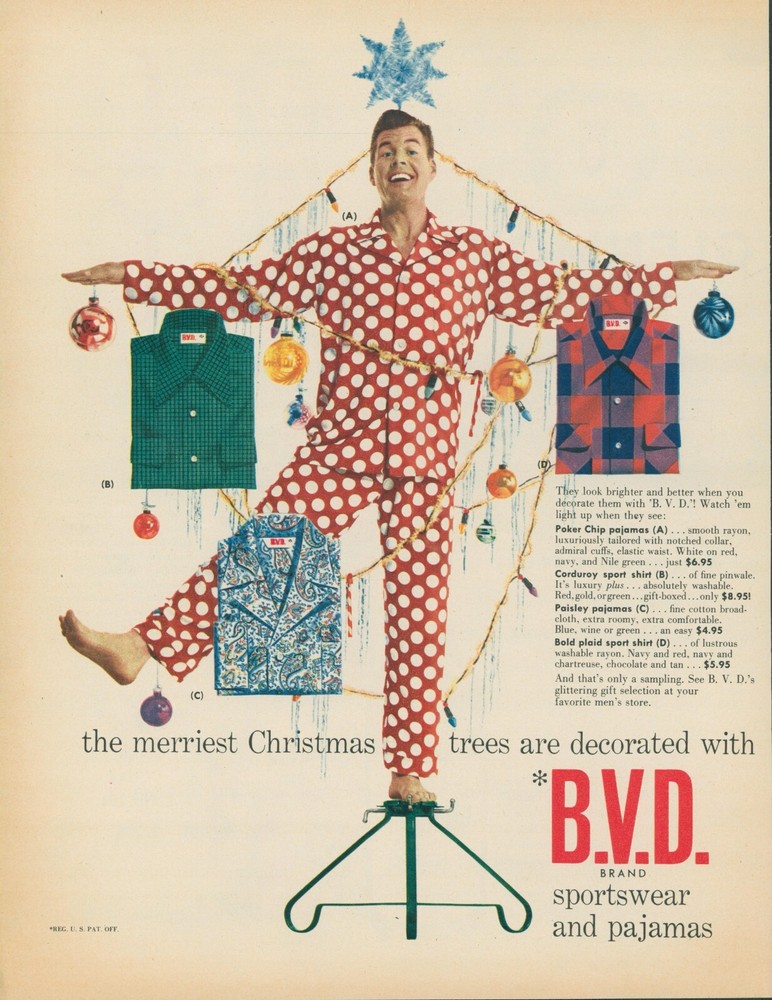 1951 BVD Pajamas Man Human Christmas Tree Tree Topper Ornaments Vtg Print Ad LO7