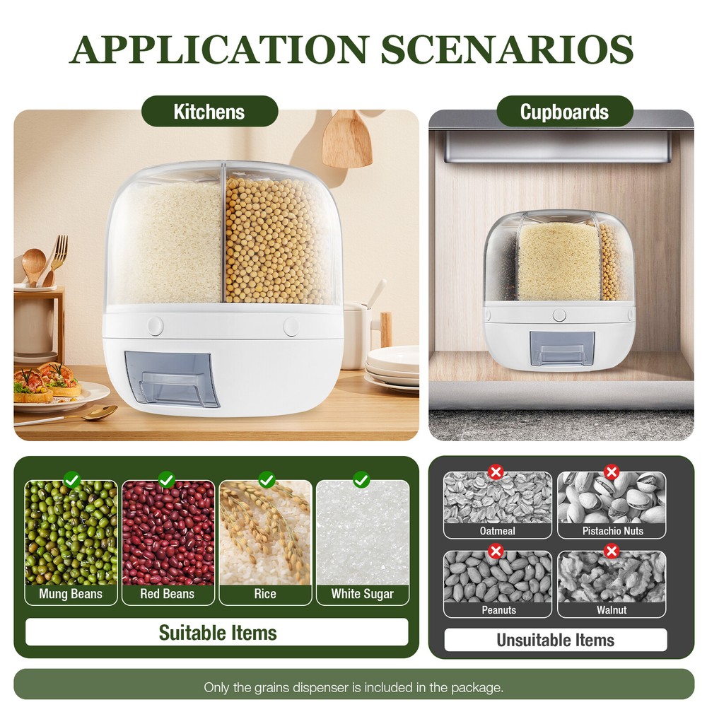 Rice Dispenser Dry Grain Food Storage Container Tank 6-Grid Rotating for Kitchen