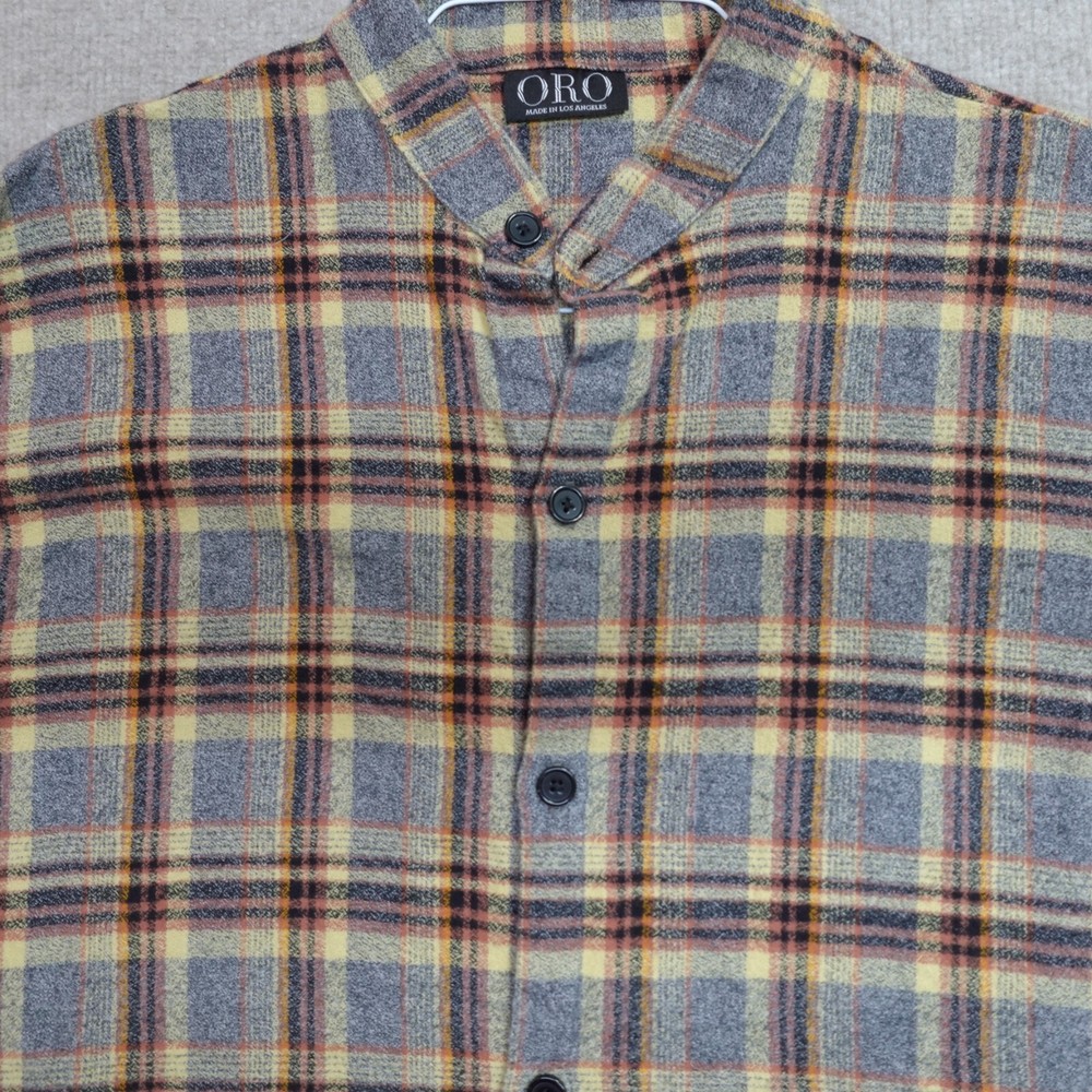 Oro Los Angeles Shirt XL Gray Brown Plaid Band Collar Flannel Overshirt