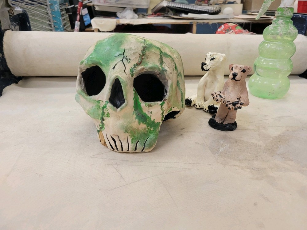 Handmade Ceramic Skull Cave Tealight Holder with Bear Sculptures