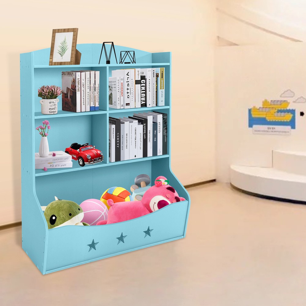 Kids Bin Toy Storage Box Bookcase Organizer Shelf Playroom Bookshelves Blue
