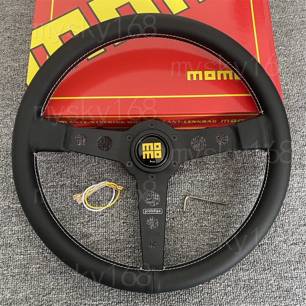 MOMO Horn Car universal Steering Wheel white stitches Black Flat bracket 340MM