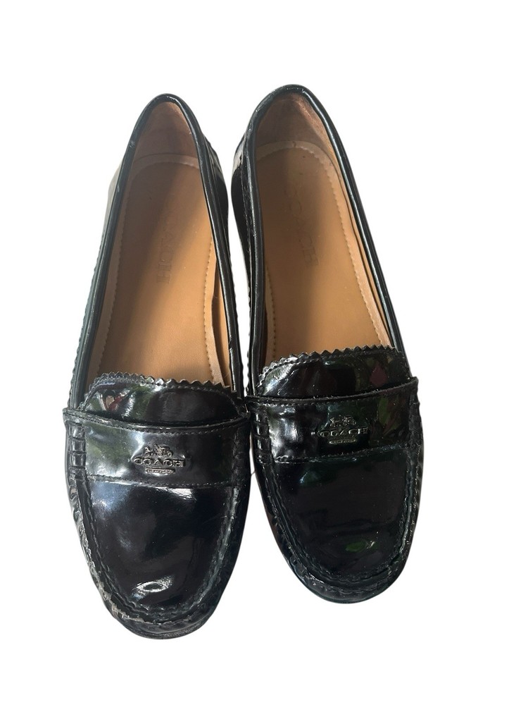 Women's Black Patent Leather Coach Penny Loafers Size 7B Slip-On Shoes