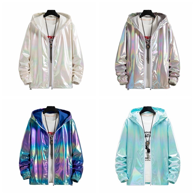 Unisex Holographic Iridescent Coat Harajuku Chic Hooded Jacket Shiny Top