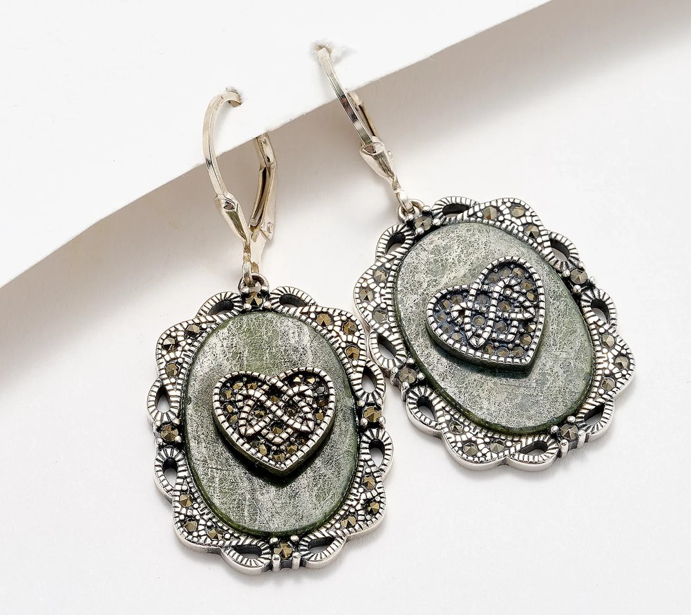 Connemara Marble Sterling Silver Celtic Heart Earrings with Marcasite Accents
