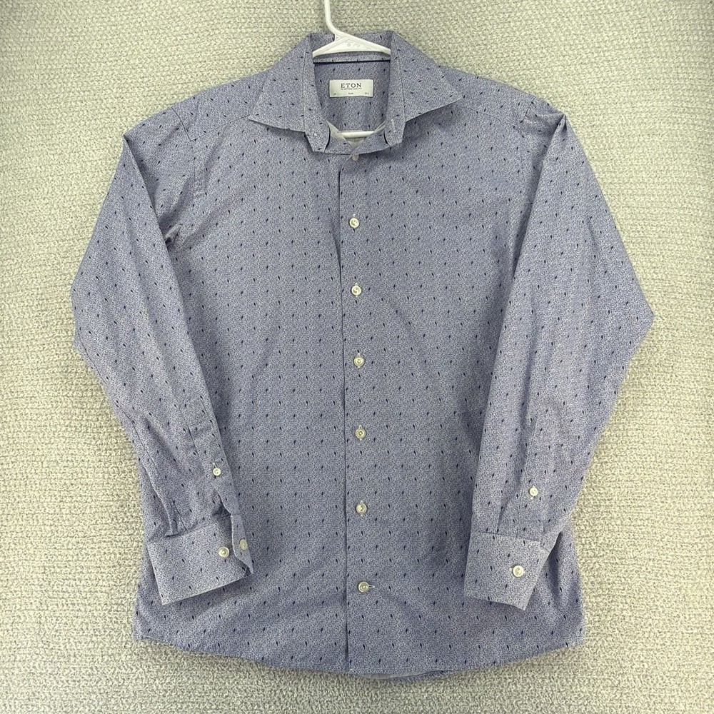Eton Slim Fit Dress Shirt Mens Medium / 15.5 Blue Poplin Micro Print Button Up