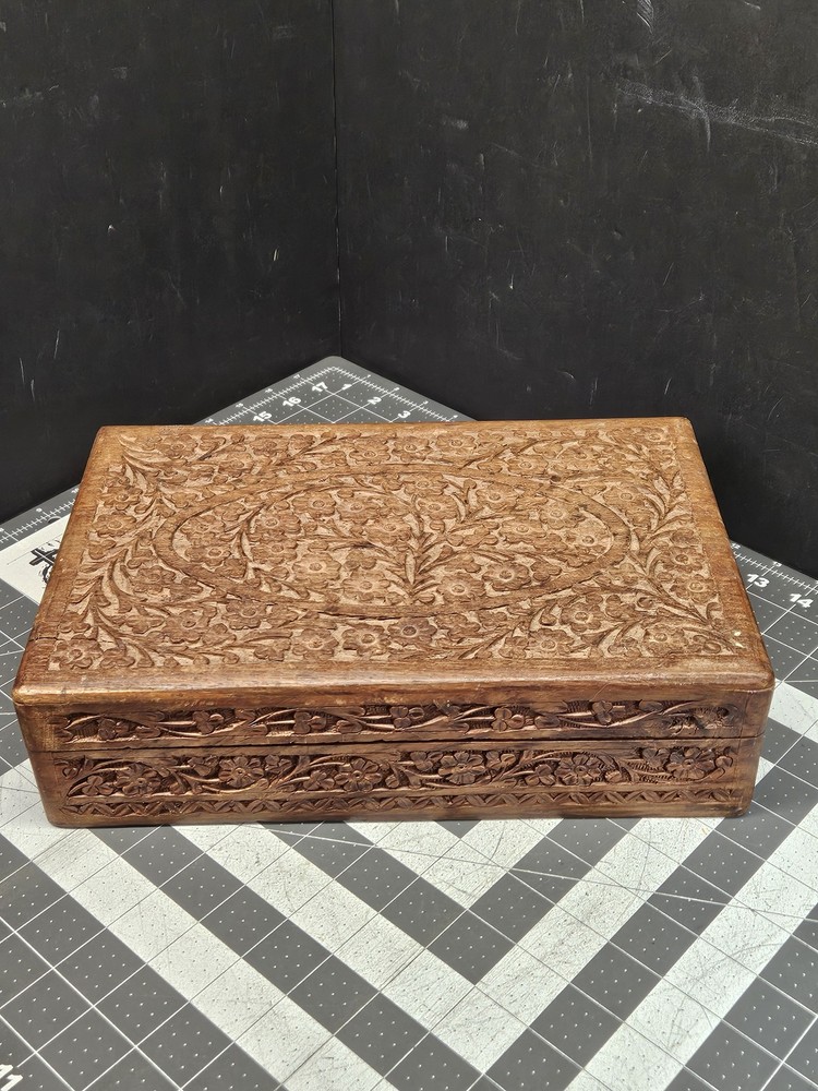 Hand Carved Wooden Box Hinged Lid Purple Felt Lined Floral Design Jewelry