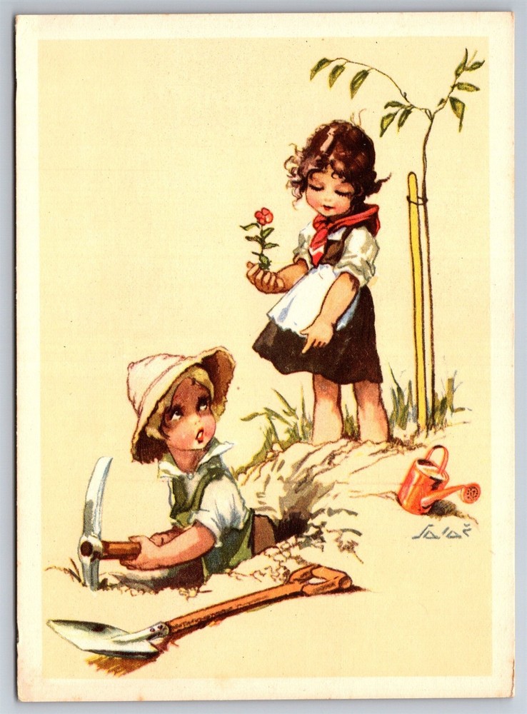 Vintage French Linen Postcard Kids Planting Trees Flowers 4x6 CO2 Theme