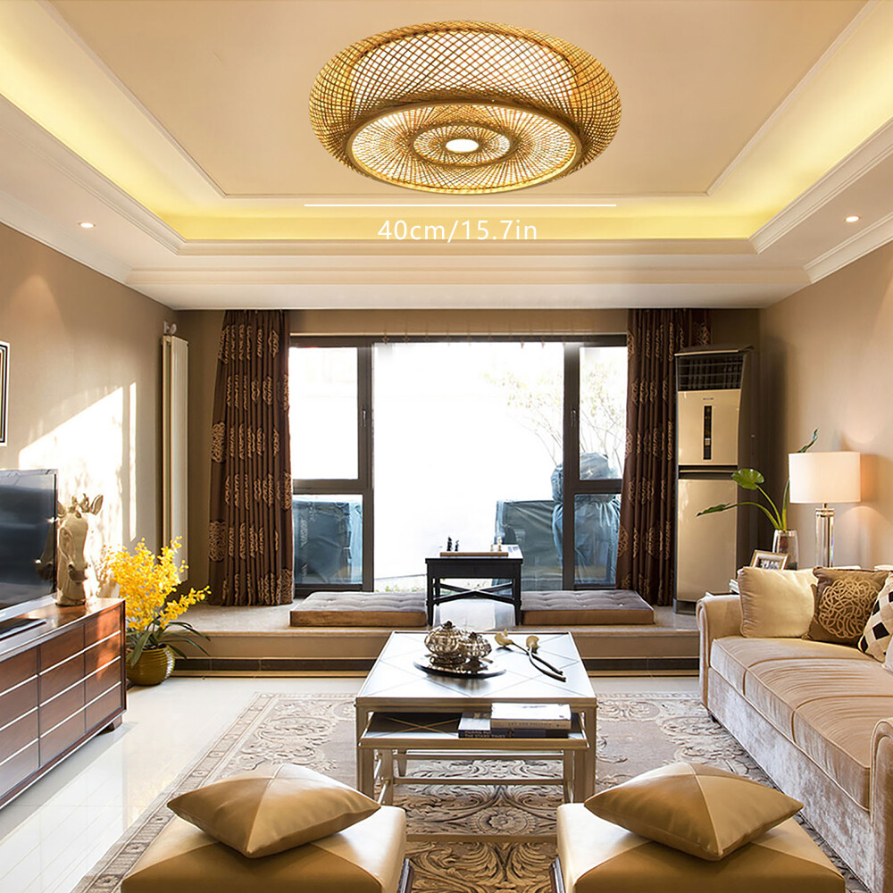 Rustic Bamboo Ceiling Light Art Pendant Lamp Drum Shape Wicker Rattan Fixture US