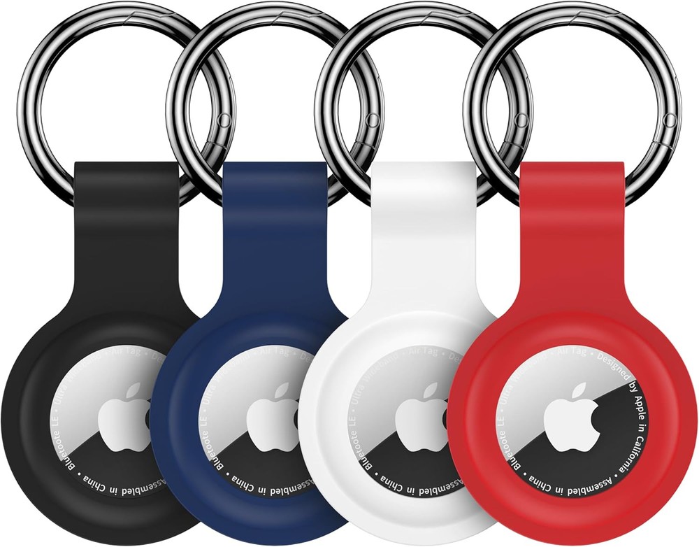 Stylish AirTag Holder Case Keychain in Black, White, Blue, or Red Colors