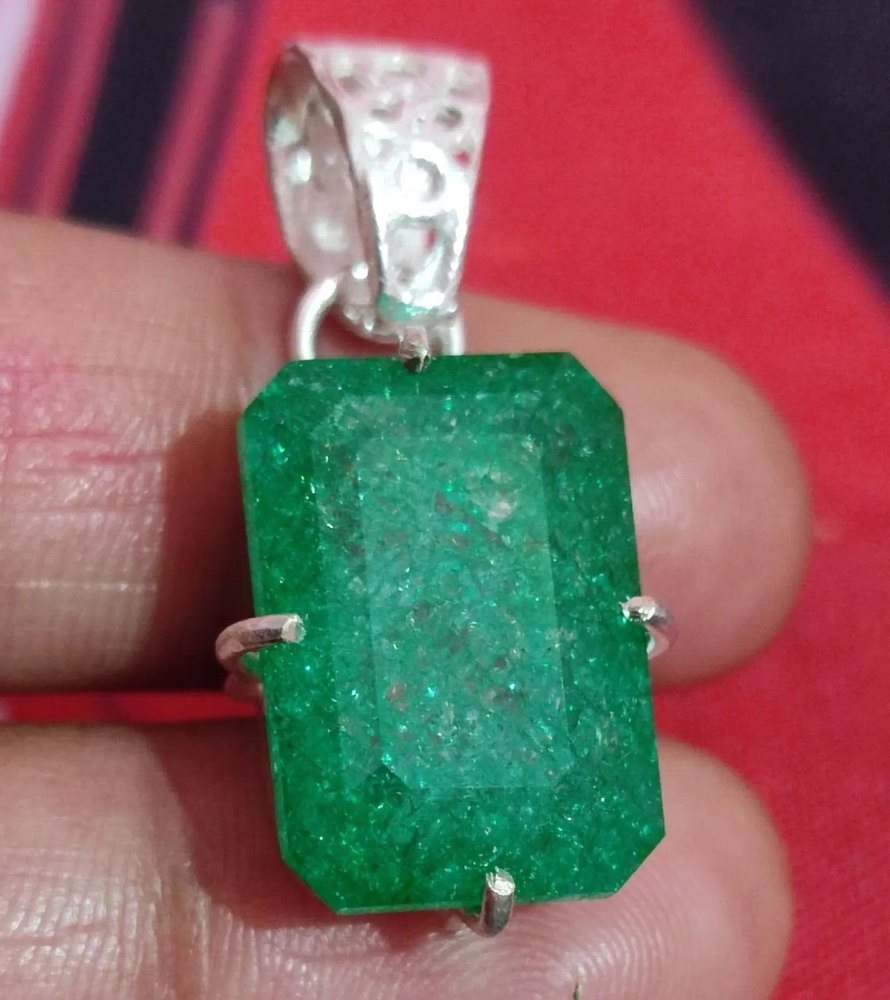 Certified 30 Ct Natural Emerald 925 Solid Silver Emerald Cut Pendant Gemstone