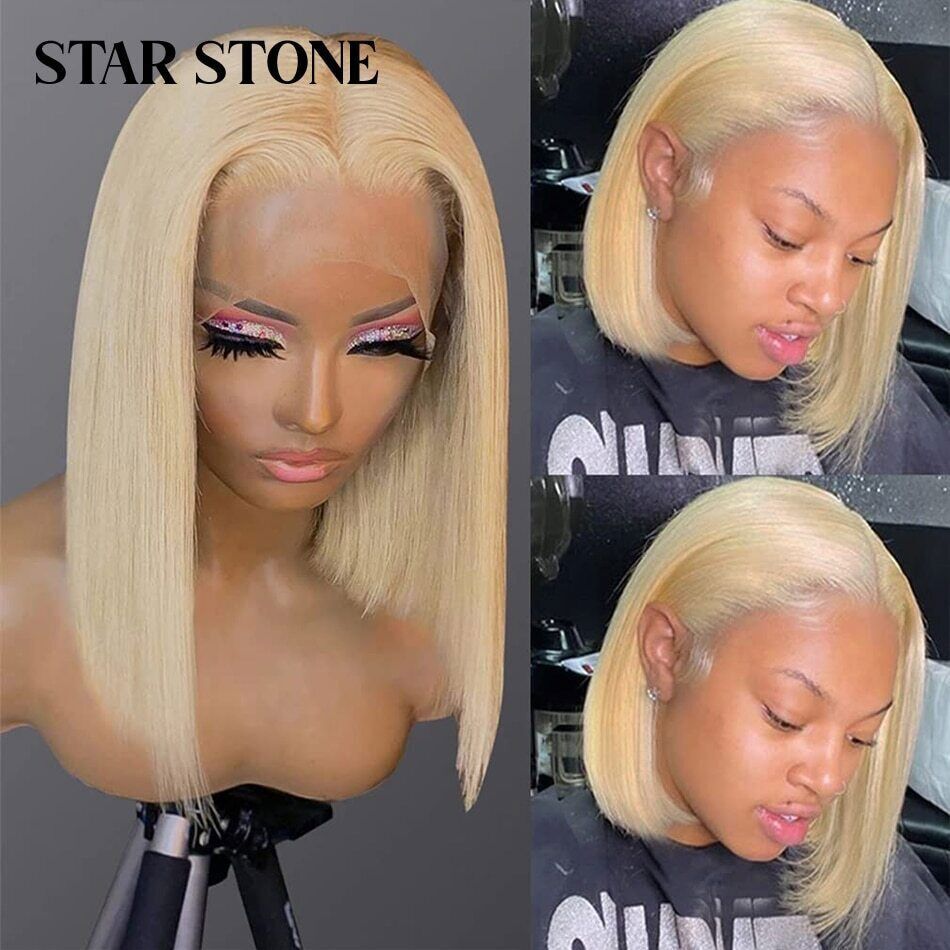 613 Blonde Short Bob T Part Wig Brazilian Human Hair Bone Straight