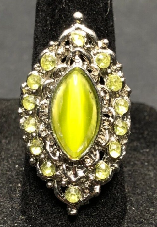 Vintage Antique Silver Tone Yellow Rhinestone Southwestern Ring - Size 7
