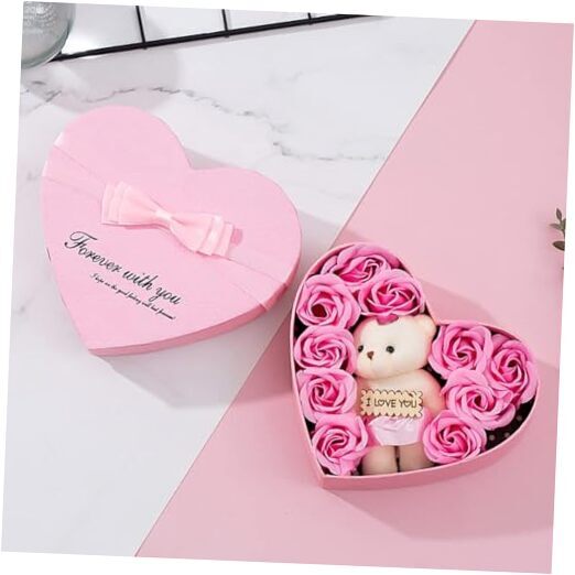 for Mom, Romantic Roses Flower Gift Box with Cute Teddy Bear, Artificial Pink