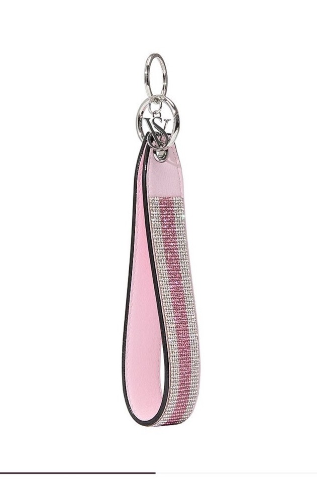 Victoria's Secret Pink Sparkle Logo Heritage Stripe Wristlet Keychain Strap New