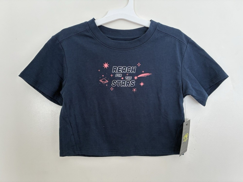 Athletic Works Kids Girls Stars Glitter Cropped Short Sleeve Shirt Navy XS S M