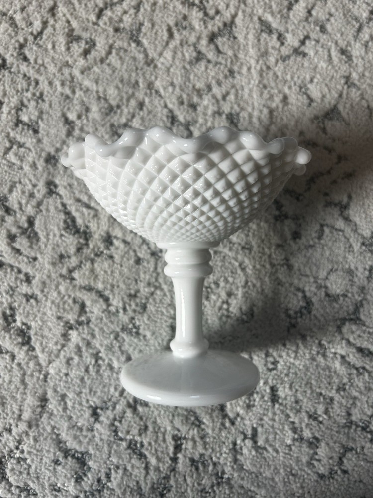 Westmoreland Vintage Milk Glass Diamond Point Hobnail Ruffled Edge Footed Compote