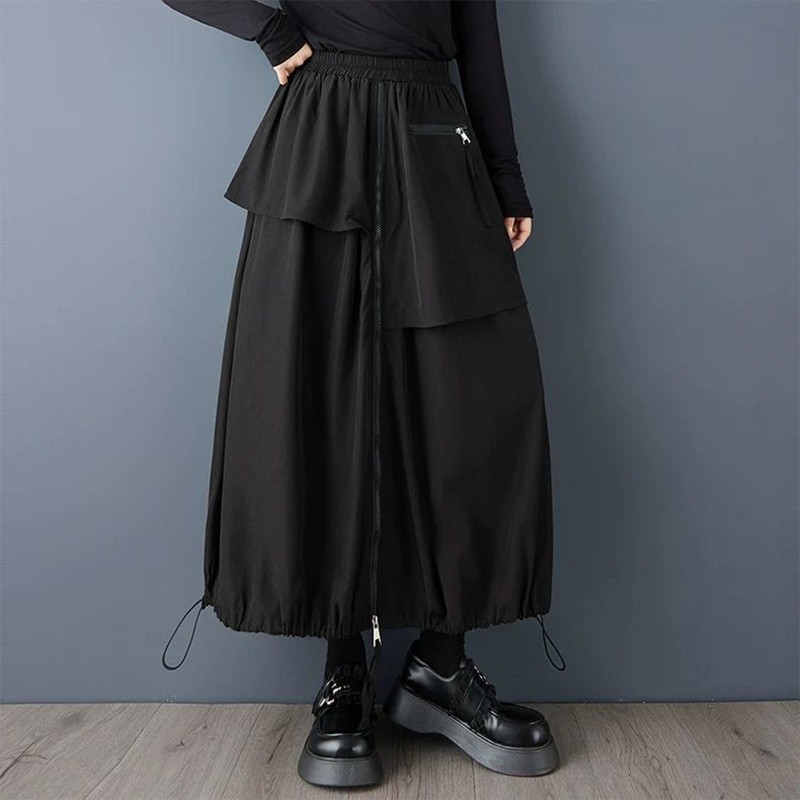 Japanese Womens Loose Gothic Zipper A-Line Skirts Casual Harajuku Black Dress