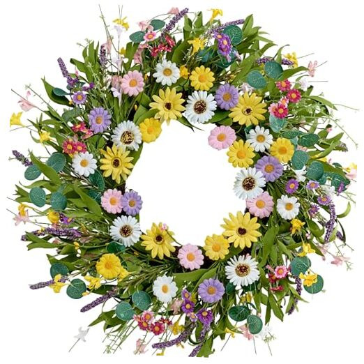 22 Inch Yellow Daisy Spring Summer Wreath with Green Foliage