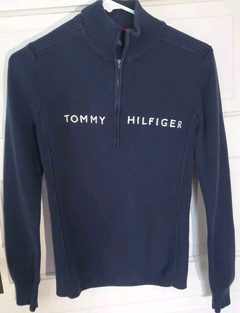 Tommy Hilfiger Blue Ribbed Thick Knit Quarter Zip Cardigan for Women & Men Small Cozy Warm