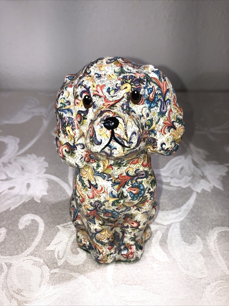 Charming Hand-Painted Ceramic Puppy Figurine with Floral Decoupage - Vintage Collectible