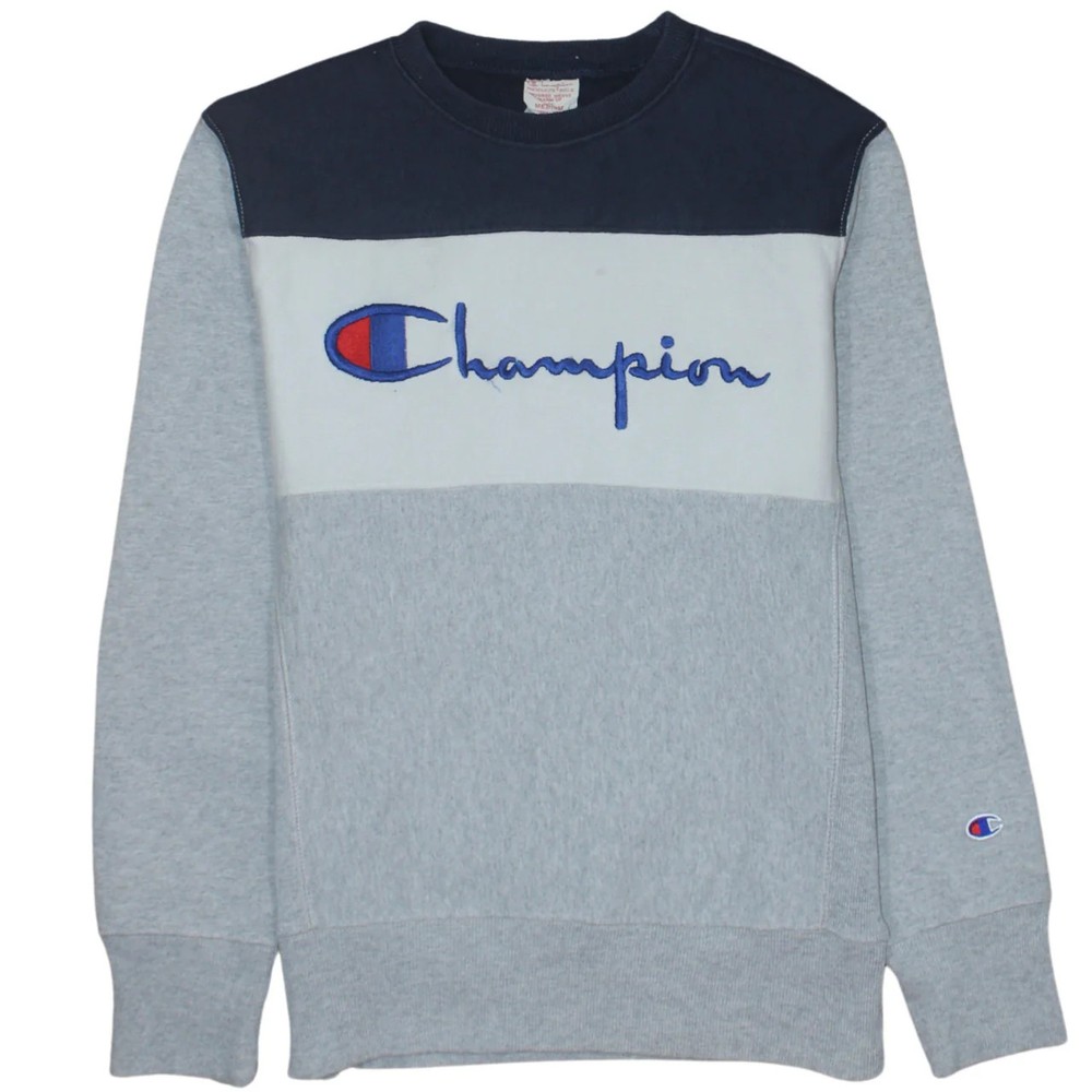 Champion Grey Navy Sweatshirt Women's Medium Embroidered Script Logo Colour