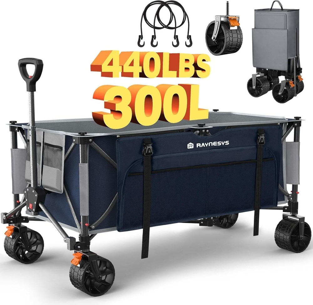 Beach Wagon Cart with Big Wheels for Sand, 440lbs 300L Upgraded Folding Wagon...