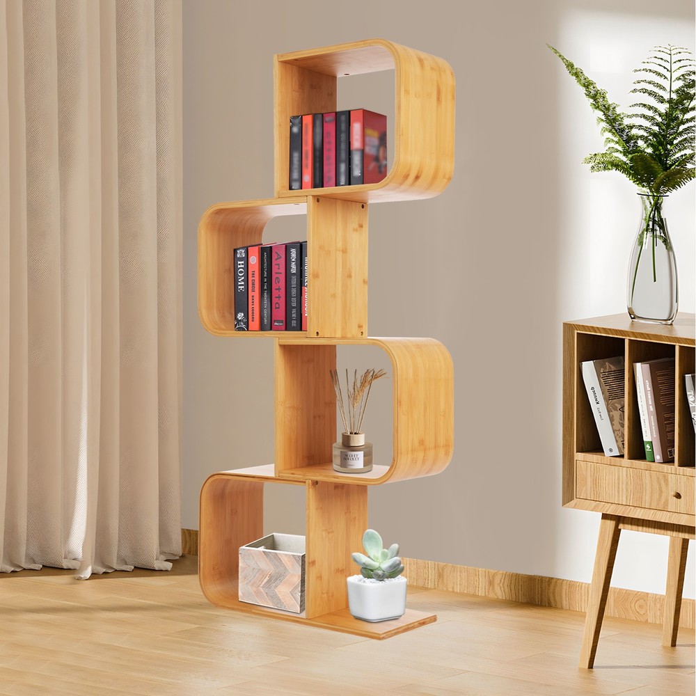 4-Tier S-Shaped Bamboo Bookcase Floor Standing Wood Tone Shelf for Any Room
