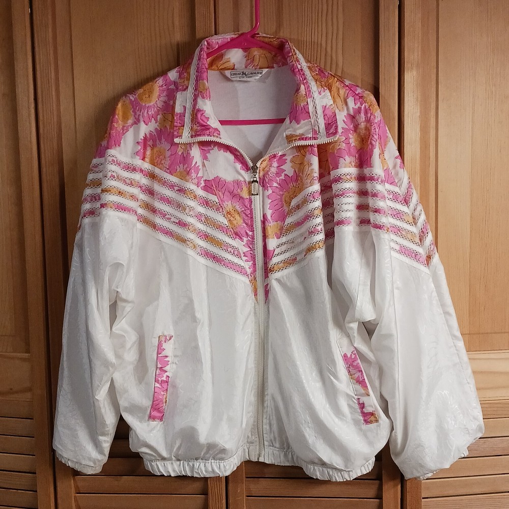 Great Cavalier Windbreaker Jacket Pink Floral Women's Vintage Full Zip Size XL