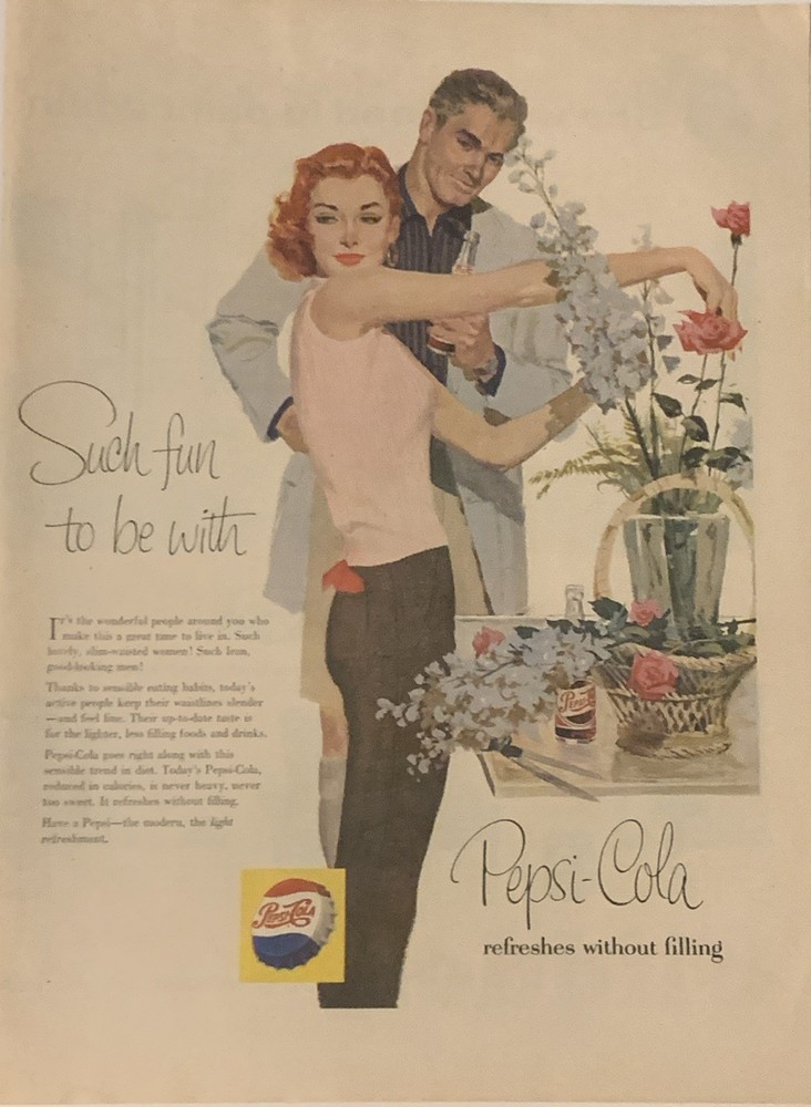 1956 Pepsi Cola PRINT AD Dating Couple Flowers VTG 50s Refreshes Without Filling