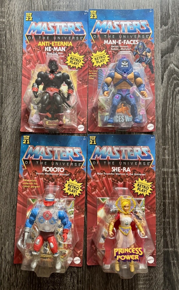 Masters of the Universe Origins Action Figure Bundle Roboto She-Ra Anti-E He-Man Man-E-Faces