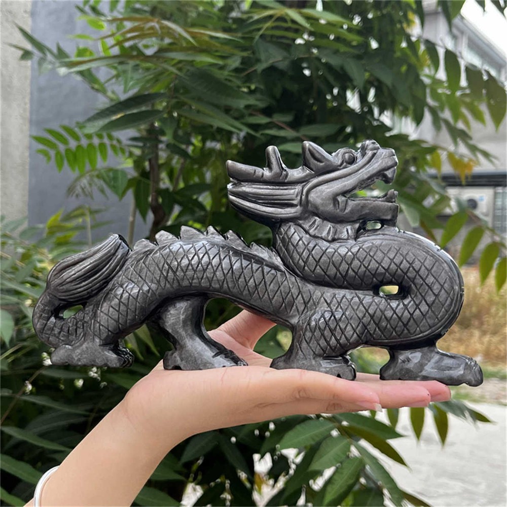 830g Natural Carved Silver obsidian dragon Figurines Reiki Quartz Crystal Skull
