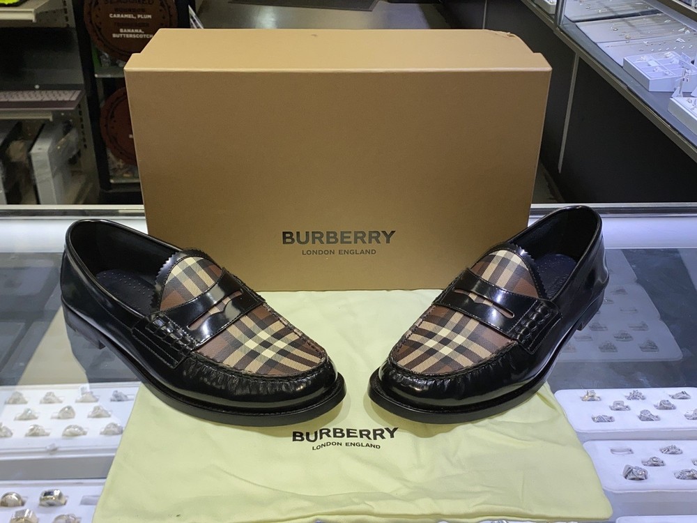 BURBERRY Men's Black Penny Strap Moc-Plaid Upper Shane Loafers Shoes 41