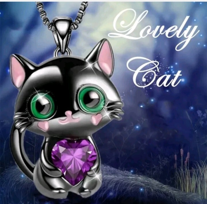 Black & Purple Crystal Cat Animal Necklace Xmas Birthday Gift For Ladies Women