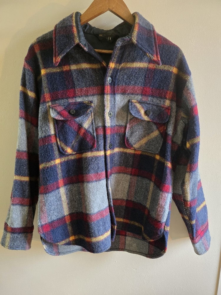 Men's J C Penny's Wool Plaid Red Black Long Sleeve Button-Up Coat/Shirt  Sz L