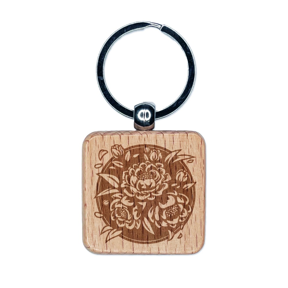 Peony Flowers in Circle Engraved Wood Square Keychain Tag Charm
