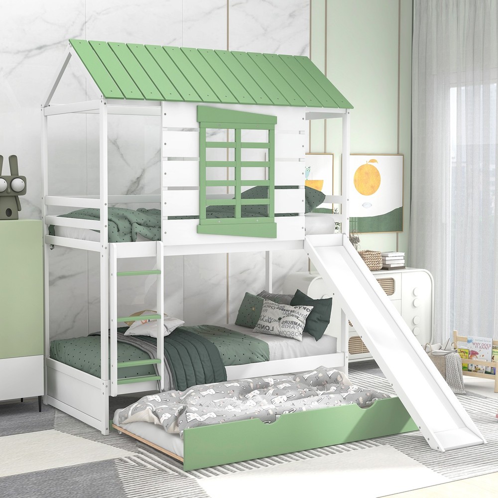 Twin over Twin Size House Bunk Bed with Convertible Slide and Trundle, White+Gre