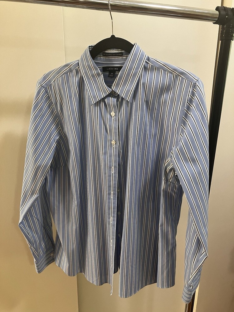 Lands End Womens Plus Size 16W Blue Striped Pinpoint Oxford Shirt