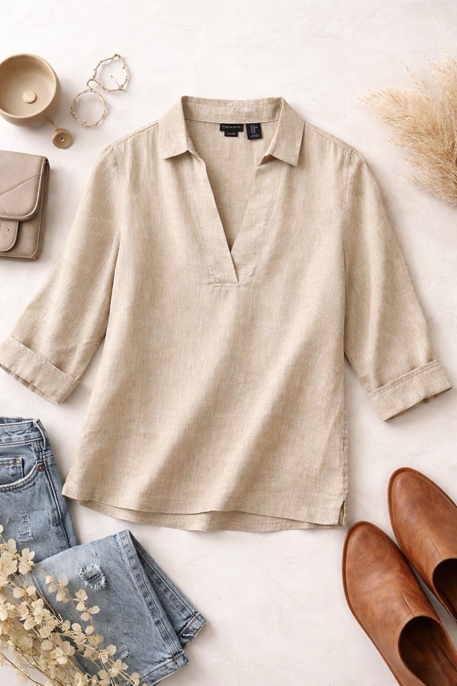 Tahari 100% Hemp Blouse Women’s Medium Beige 3/4 Sleeve V-Neck Sustainable Top