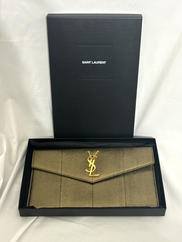Authentic YSL Yves Saint Laurent Uptown Gold Metallic Snakeskin Clutch